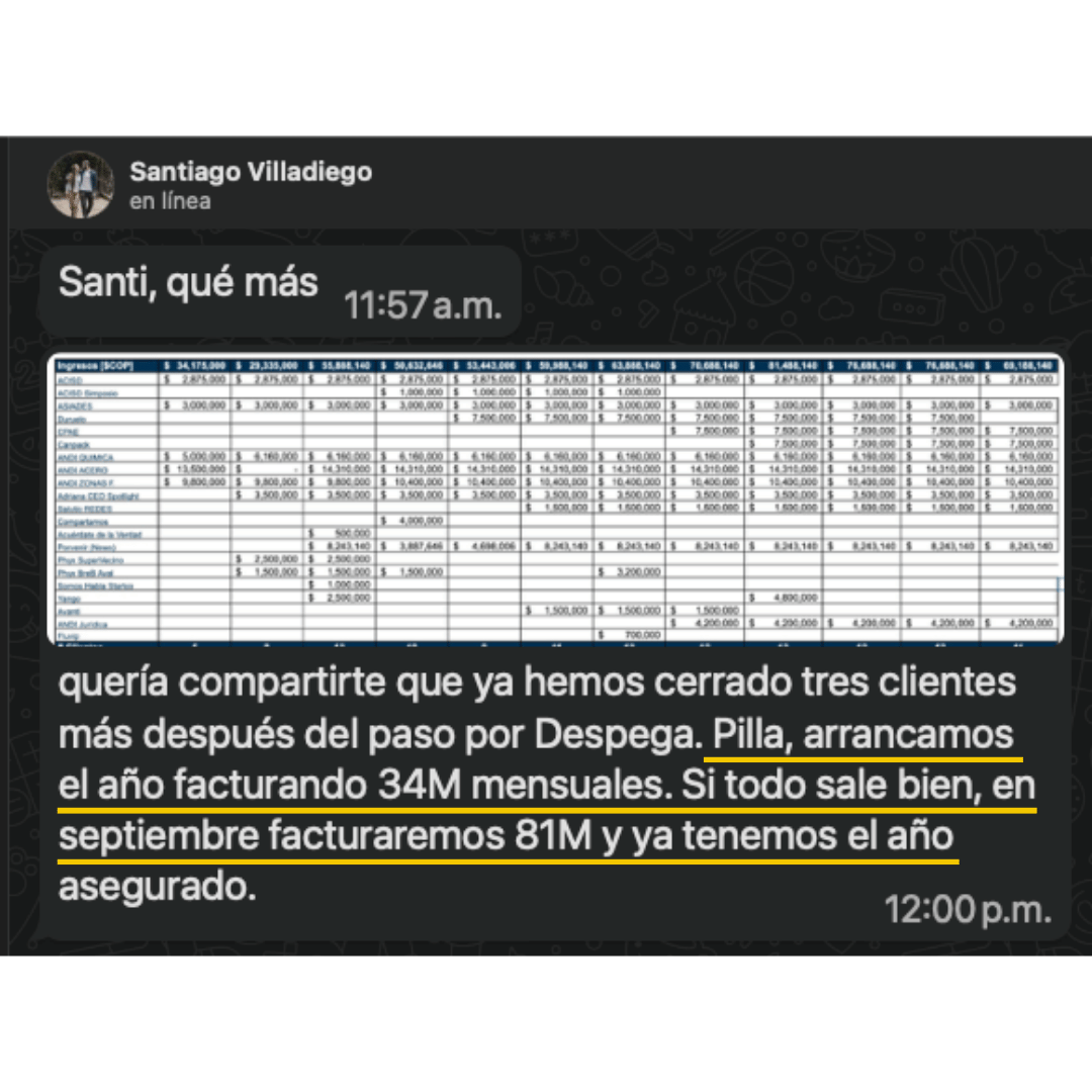 Captura de un resultado compartido por un cliente de Despega Pro
